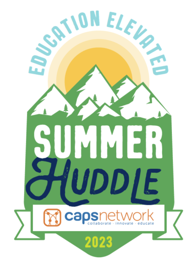Summer Huddle written across a green sheild with mountains across the top. The tagline, "Education Elevated" arches over a sunrise above the mountains.